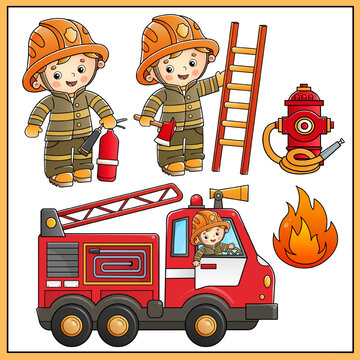 Cartoon fire truck with a firefighter or fireman. Fire extinguishing means. Professional transport. Profession. Colorful vector set of illustrations for children.
