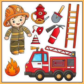 Cartoon fire truck with a firefighter or fireman. Fire extinguishing means. Professional transport. Profession. Colorful vector set of illustrations for children.