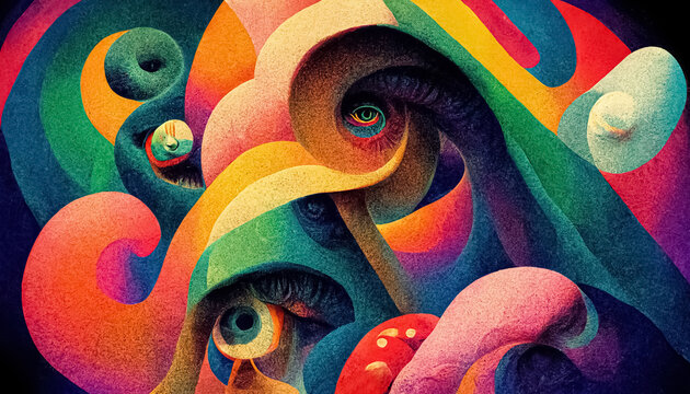 Psychedelic trippy LSD or magic mushrooms hallucinations hippie concept design. 3D illustration.