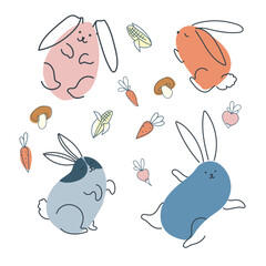 Set of funny rabbits in doodle style. Autumn vegetables. The bunny is a symbol of 2023. Hare Vector graphics isolated on white background.