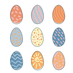 A set of Easter eggs. Festive sweets. Colored eggs in doodle style. Vector graphics isolated on white background.