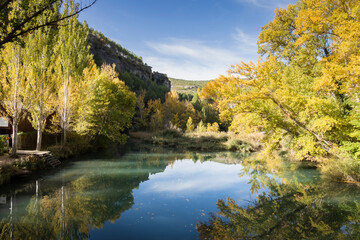 Fototapeta na wymiar The Jucar river in autumn in Cuenca, Castilla La Mancha in Spain. Autumn landscape with trees full of yellow leaves