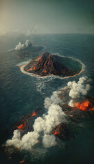 Aerial view of small eruption atoll islands archipelago in the ocean. 3D illustration.