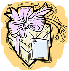 Gift box with bow, hand drawn illustration. Cartoon style drawing. Decorative element for poster print, Christmas party invitation, birthday, wedding celebration, anniversary event, sale discount.