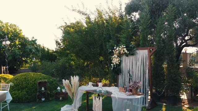 Beautiful wedding setup background ,Aerial drone shot of .
Wedding day event organization table setting decor. luxury event.