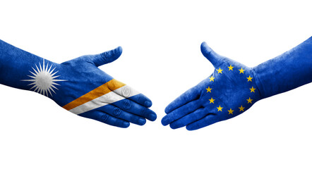 Handshake between European Union and Marshall Islands flags painted on hands, isolated transparent image.