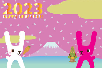 2023年の年賀状：桜が舞うピンクの空と富士山とかわいいピンクのウサギ 1b