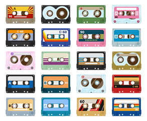 Cartoon stereo tape cassette, 80s vintage tape record. Music audio cassette, analogue player old tape flat vector symbols illustration set. Retro 90s cassette tape