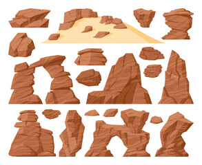 Cartoon sand desert rock, stone canyon landscape elements. Western desert rocks view, nature brown cracked mountain pieces flat vector symbols set. Canyon rock collection - obrazy, fototapety, plakaty