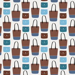 Seamless stylish pattern with beauty drawn womans shopping bags. Decorative fashion background handbags and wallets, pouches