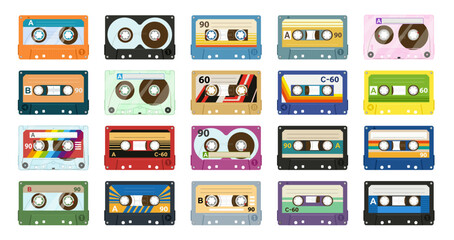 Cartoon vintage music tape, retro style cassettes. Stereo mix, analogue player old tape, 80s tape record flat vector symbols illustration collection. Audio 90s music cassette set - obrazy, fototapety, plakaty