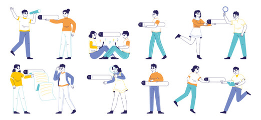 Search bars using, people browsing internet. Man and woman searching answer online, search bars browsing information flat vector illustration set. Web search bar users