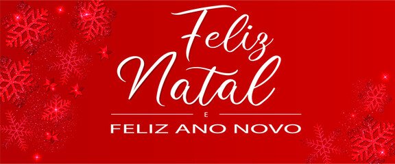 cartão ou banner em um feliz natal e um feliz ano novo em branco sobre fundo vermelho com flocos de neve de cada lado, estrelas e lantejoulas vermelhas