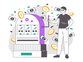 Gambling lucky winner, slot machine happy player. Man playing casino games, jackpot prize winning, one-armed bandit machine flat vector illustration. Spin game combination win concept