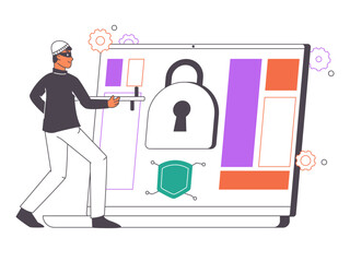 Hacker attack protection, internet security concept. Cyber crime and internet scam phishing, thief steal personal information flat vector illustration. Web cyber crime scene
