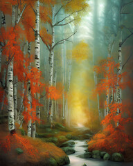 A 3d digital rendering of an autumn scene with a stream and birch trees.