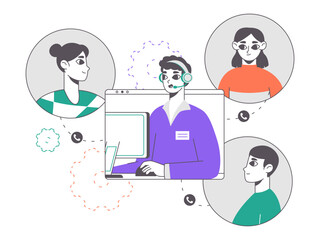 Personal assistant online consulting. Customer service workers, professional support service operators, hotline support service flat vector background illustration. Technical specialist solving proble