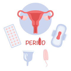 Flat illustration of uterus and feminine hygiene products. Set of elements, sanitary napkin, pad, tampon and contraceptive pills. Period lettering.