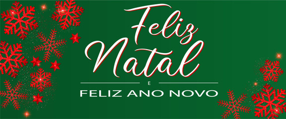 cartão ou banner para um feliz natal e um feliz ano novo em branco sobre um fundo verde com flocos de neve de cada lado, estrelas e lantejoulas vermelhas