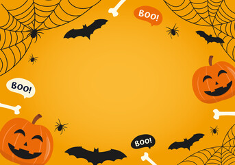 Halloween Background vector illustration. Spider web with halloween pumpkin frame on orange background.
