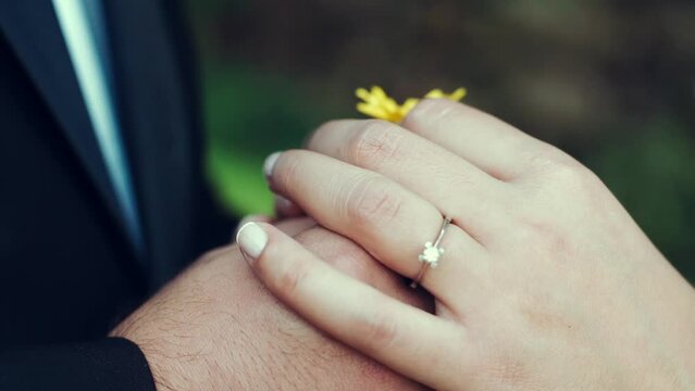 wedding rings on hands of groom, bride rings