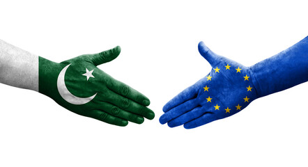 Handshake between European Union and Pakistan flags painted on hands, isolated transparent image.