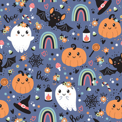 Seamless pattern with cute halloween elements, ghosts, pumpkins, hats, bats, rainbows and flowers. Vector illustration.