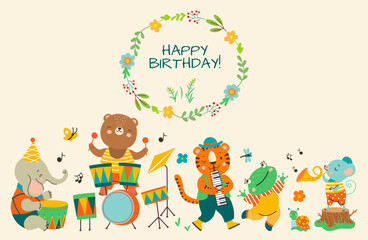 Birthday party cute jungle animal banner. Music celebration animals, holiday background. Bear tiger elephant play musical instruments, nowaday children vector characters