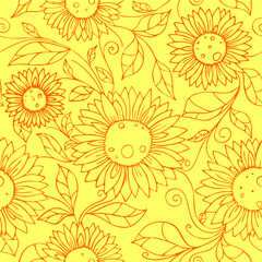 seamless pattern of orange contours of flowers on a yellow background, texture, design