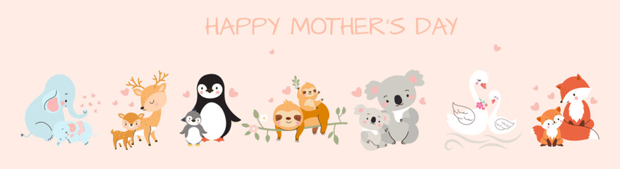 Mothers day banner with cartoon baby and mother animals. Wild pair characters, cute koala sloth penguin. Mom and kid, nowaday vector family set © MicroOne