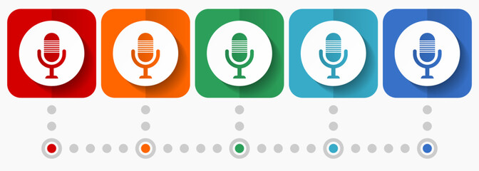 Microphone, audio, record, radio vector icons, infographic template, set of flat design symbols in 5 color options