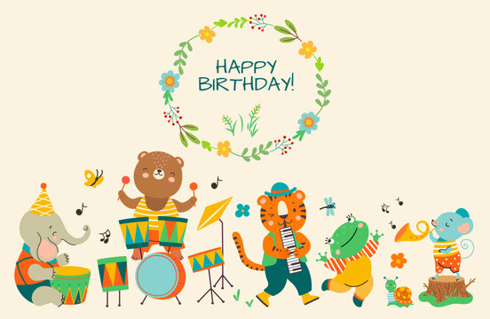 Birthday party cute jungle animal banner. Music celebration animals, holiday background. Bear tiger elephant play musical instruments, nowaday children vector characters