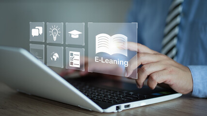 Concept of Online education. man use Online education training and e-learning webinar on internet for personal development and professional qualifications. Digital courses to develop new skills. - obrazy, fototapety, plakaty