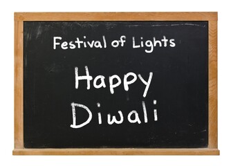 Obraz premium Happy Diwali Festival of Lights written in white chalk on a black chalkboard isolated on white