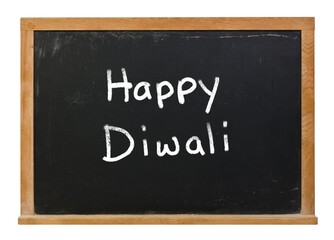 Obraz premium Happy Diwali Festival of Lights written in white chalk on a black chalkboard isolated on white