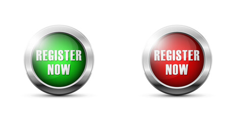 Register now button icon. Red and green spheres with lettering. Flat vector illustration.