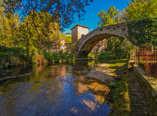 Beautiful view of medieval bridge of Saint Francis from Assisi in Subiaco (Rome) Italy 