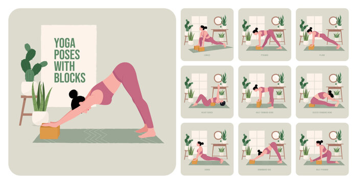 Yoga poses with Yoga blocks. Young woman practicing Yoga pose. Woman workout fitness, aerobic and exercises. Vector Illustration