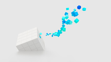Fototapeta premium Abstract creative modern blue and white 3D background a three-dimensional cube lying on its side and exploding small cube particles flying out of it. 3d illustration