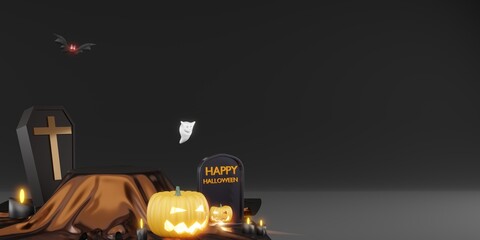 halloween background podium coffin bats and pumpkins 3d illustration