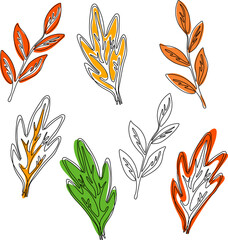 Leaf drawn in one continuous line, with colorful abstract shapes. Set of leaves with editable line