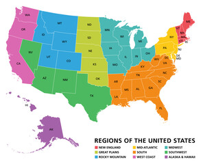 Regions of the United States of America, political map. The nine regions New England, Great Plains, Rocky Mountain, Mid Atlantic, South, West Coast, Midwest, Southwest, Alaska and Hawaii. Illustration - obrazy, fototapety, plakaty