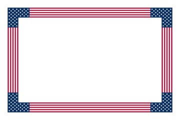 American flag motif, rectangular frame. Border made with stars and stripes pattern, based on the national flag of the United States. White five pointed stars on blue ground with red and white stripes.