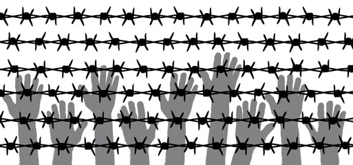 repression or oppression hand barbed wire. protest symbol. World refugee day, Cartoon hands holding barb wire. Clenched fist with barbed wire, resistance and revolution. Day of abolitionism. Freedom. - obrazy, fototapety, plakaty