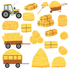 Tractor with agricultural haycock in the trailer, wheelbarrow in cartoon flat style, rural hay rolled stack, dried farm haystack. Vector illustration of fodder straw © Chorna Viktoriia
