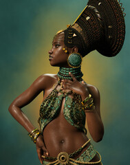 African Woman Gold and Green, 3d CG