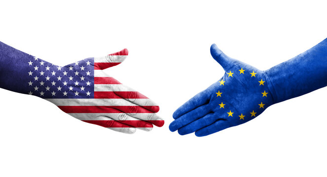 Handshake between European Union and USA flags painted on hands, isolated transparent image.