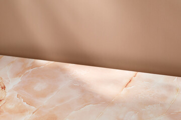 Blank, Empty scene, minimal pink beige marble background for product presentation. Beige wall....
