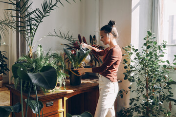 Beautiful young woman watering houseplants and smiling while standing at the domestic room - obrazy, fototapety, plakaty