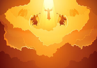 Biblical silhouette illustration series, God in the open sky, the judgement day theme, the ascension day of Jesus Christ, vector illustration